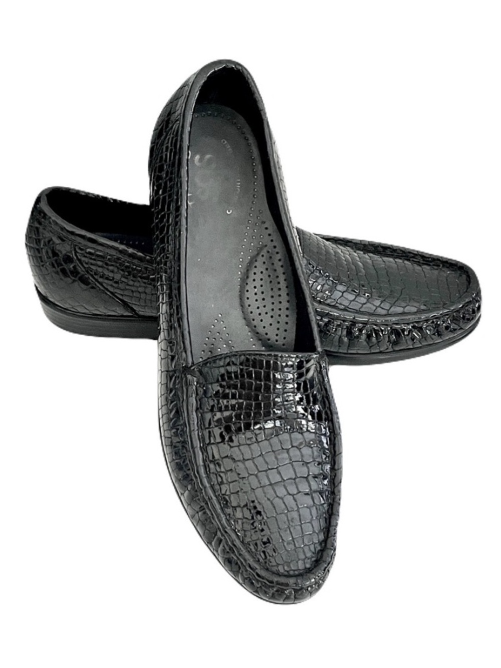SAS Black Patent Leather Croc-Embossed Simplify Everyday Loafer, Size 8